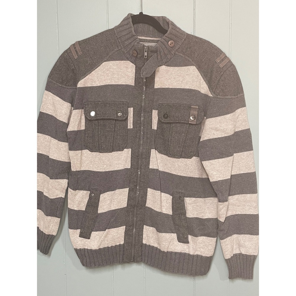 Heritage 1981 Zip Up Sweater Mens XL Grey Striped Wool Blend Mock Neck Jacket
